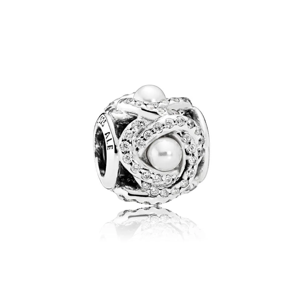 PANDORA Luminous Love Knot Charm White Crystal Pearl Clear CZ Ch - 792105WCP