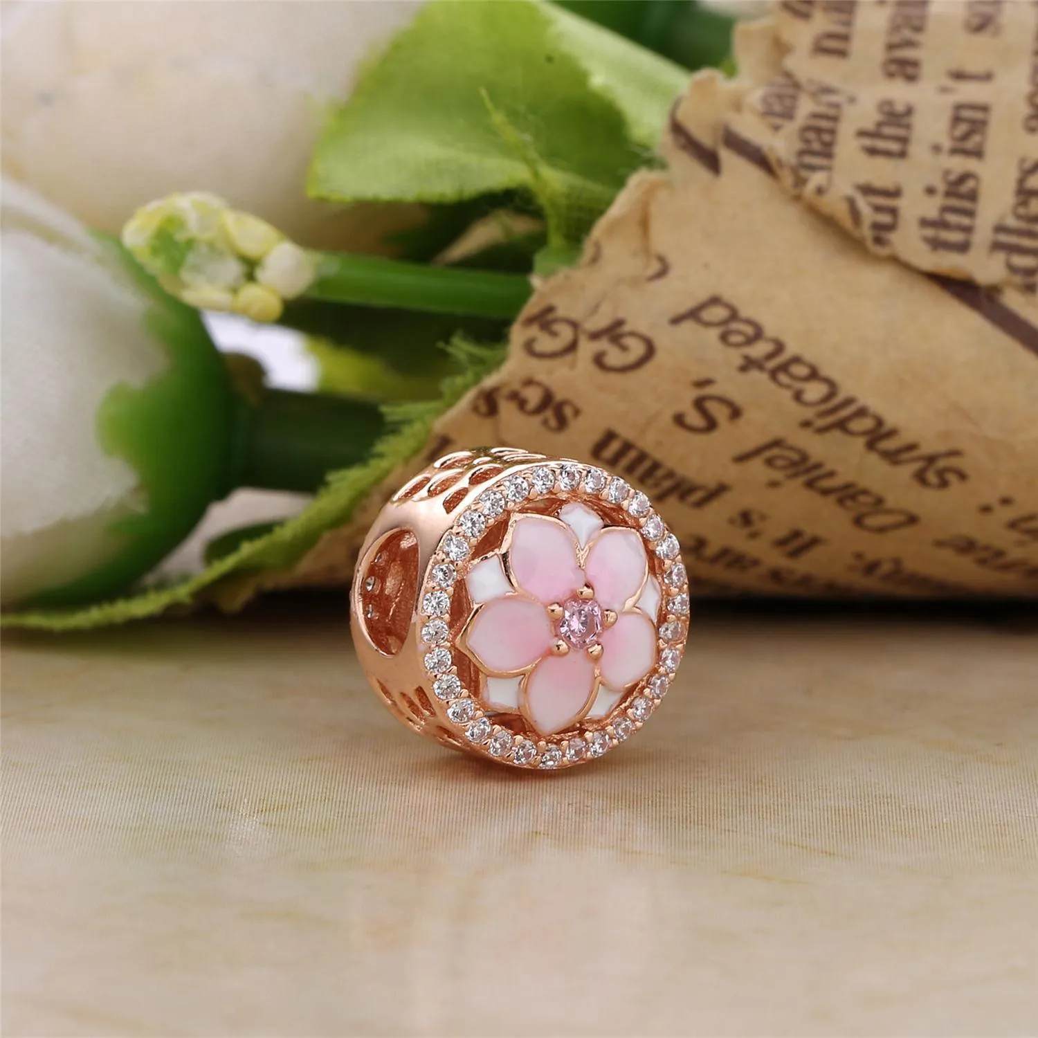 PANDORA Magnolia Bloom Pale Cerise Enamel Pink CZ Charm - 792085PCZA