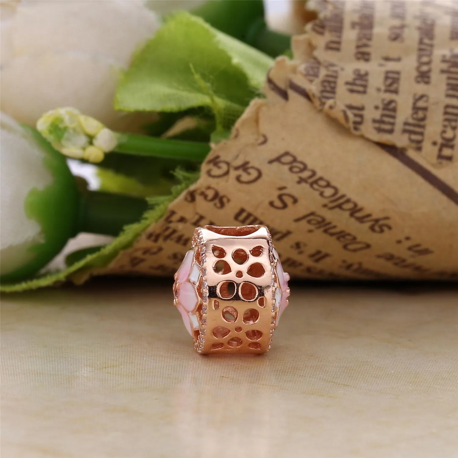 PANDORA Magnolia Bloom Pale Cerise Enamel Pink CZ Charm - 792085PCZA