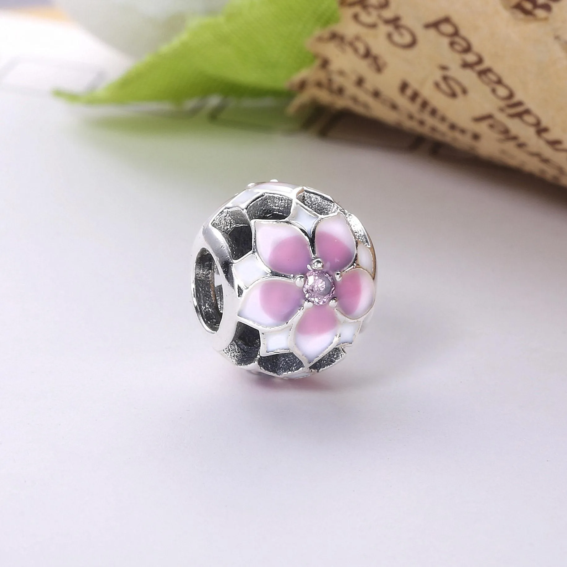 PANDORA Magnolia Bloom Pale Cerise Enamel Pink CZ Charm - 792087PCZ