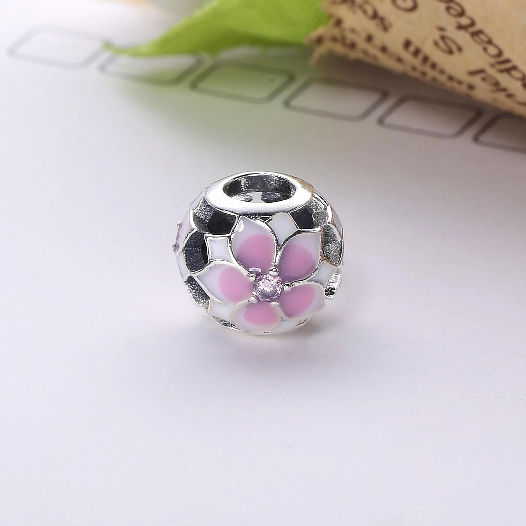 PANDORA Magnolia Bloom Pale Cerise Enamel Pink CZ Charm - 792087PCZ