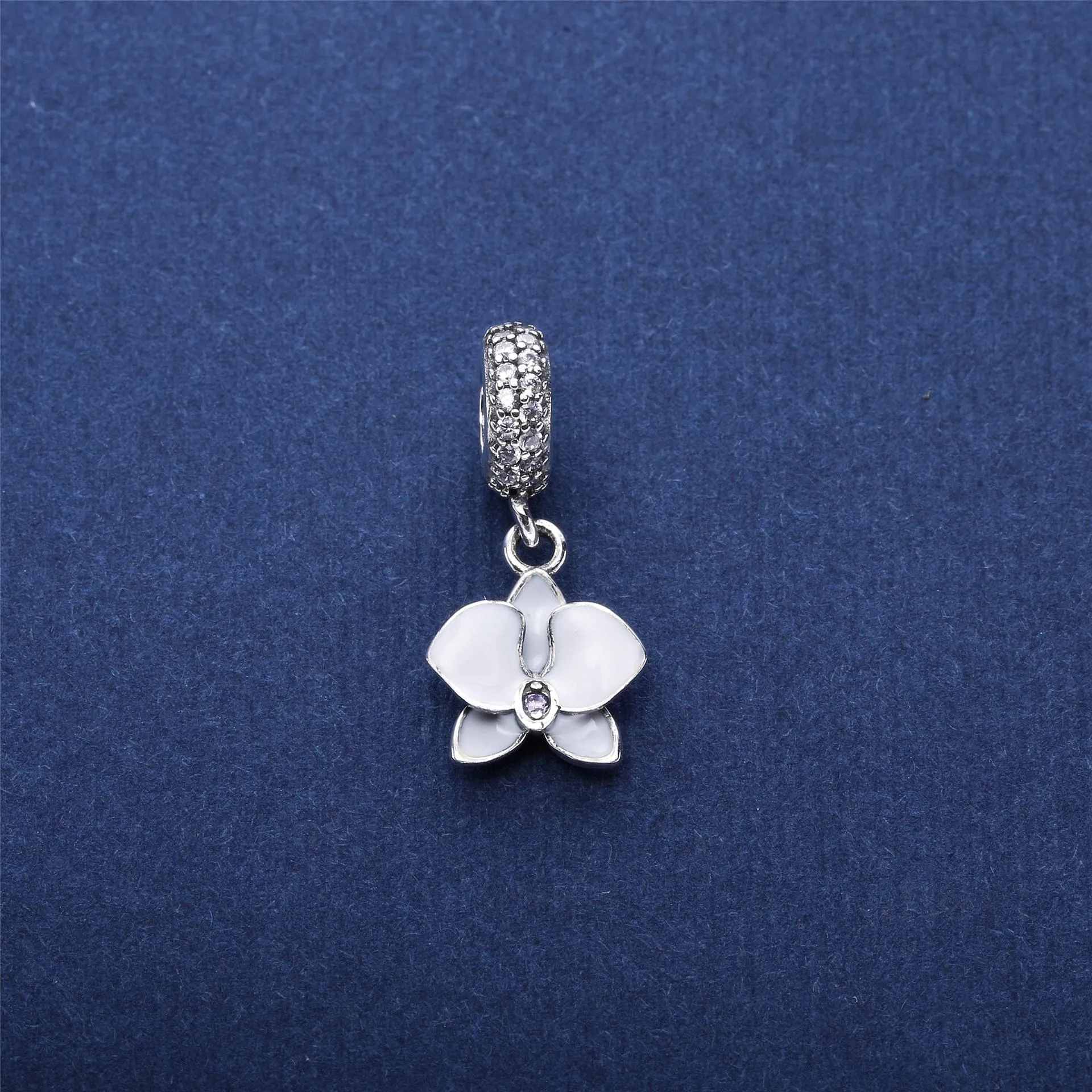 PANDORA Orchid, White Enamel, Clear Orchid CZ Dangle Charm - 791554EN12