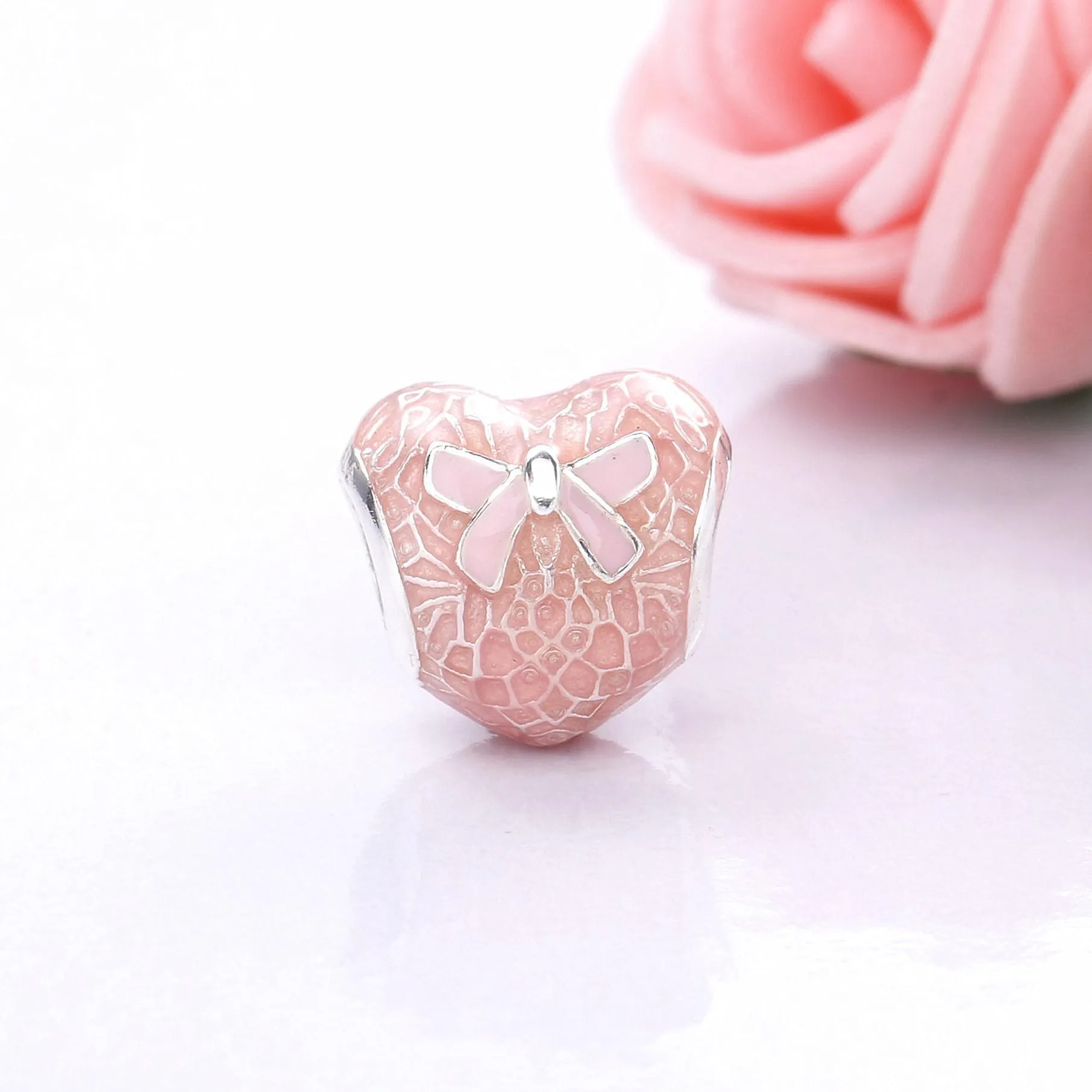 PANDORA Pink Bow Lace Heart Charm, Transparent Misty Rose Soft Pink Enamel - 792044ENMX