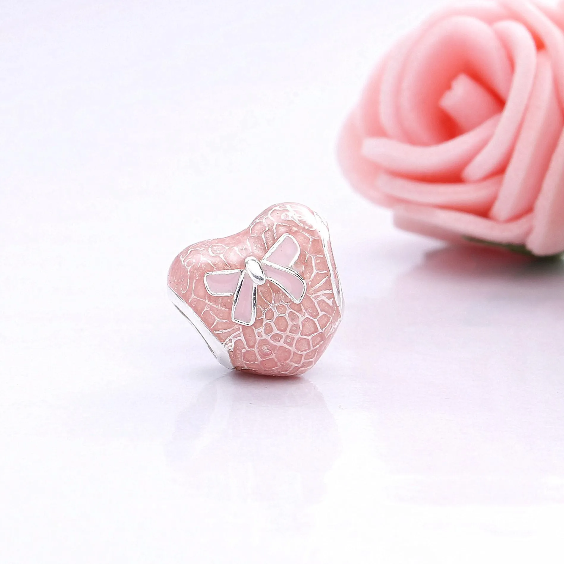 PANDORA Pink Bow Lace Heart Charm, Transparent Misty Rose Soft Pink Enamel - 792044ENMX