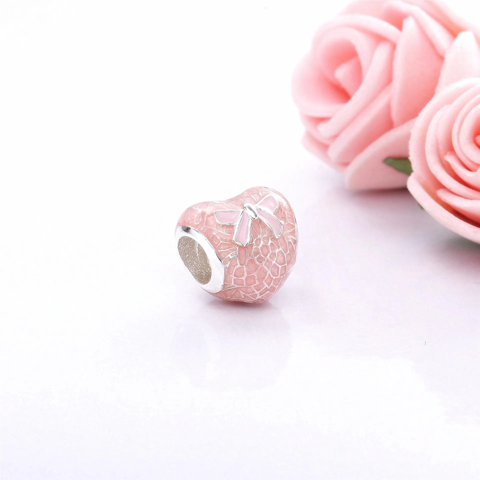 PANDORA Pink Bow Lace Heart Charm, Transparent Misty Rose Soft Pink Enamel - 792044ENMX