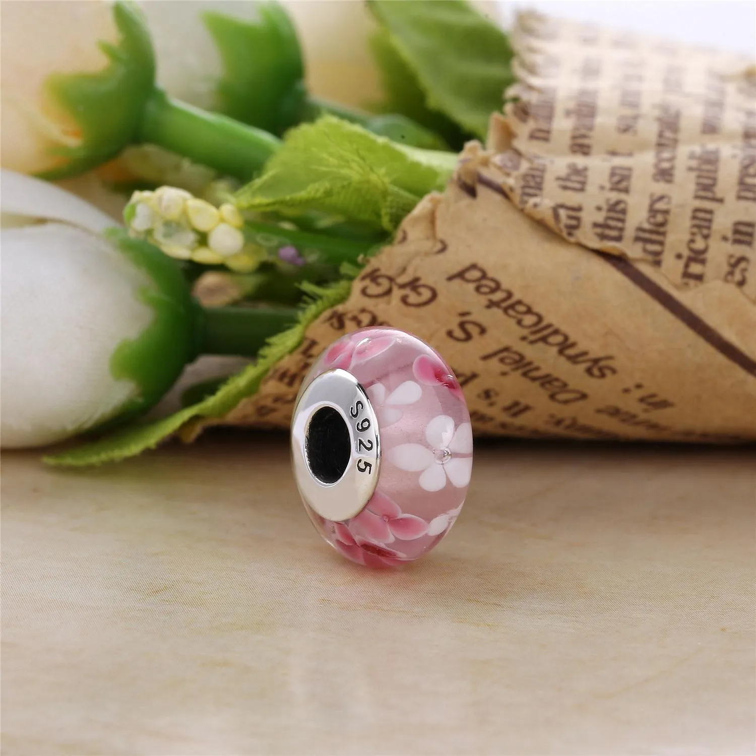 PANDORA Pink flower Glass Murano Charm - 791652A