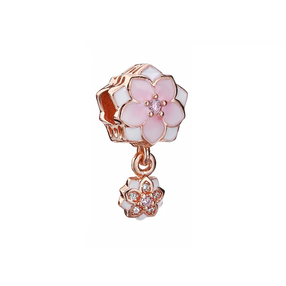 PANDORA Rose Gold Magnolia Bloom Pale Cerise Enamel Pink Clear CZ Da Dangle - 792077PCZA