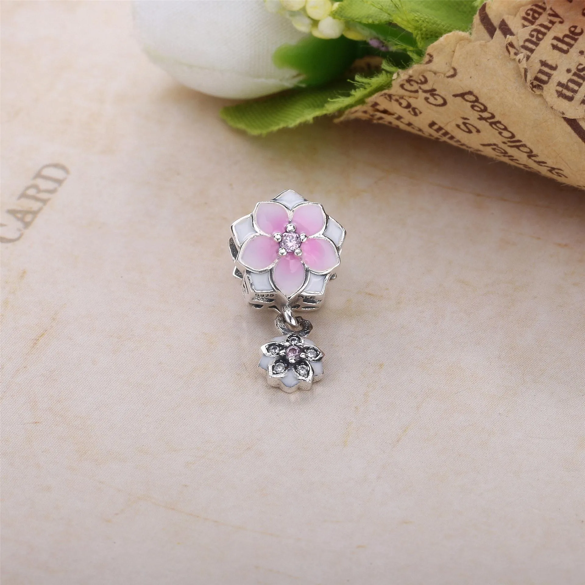 PANDORA Rose Gold Magnolia Bloom Pale Cerise Enamel Pink Clear CZ Da Dangle - 792077PCZA