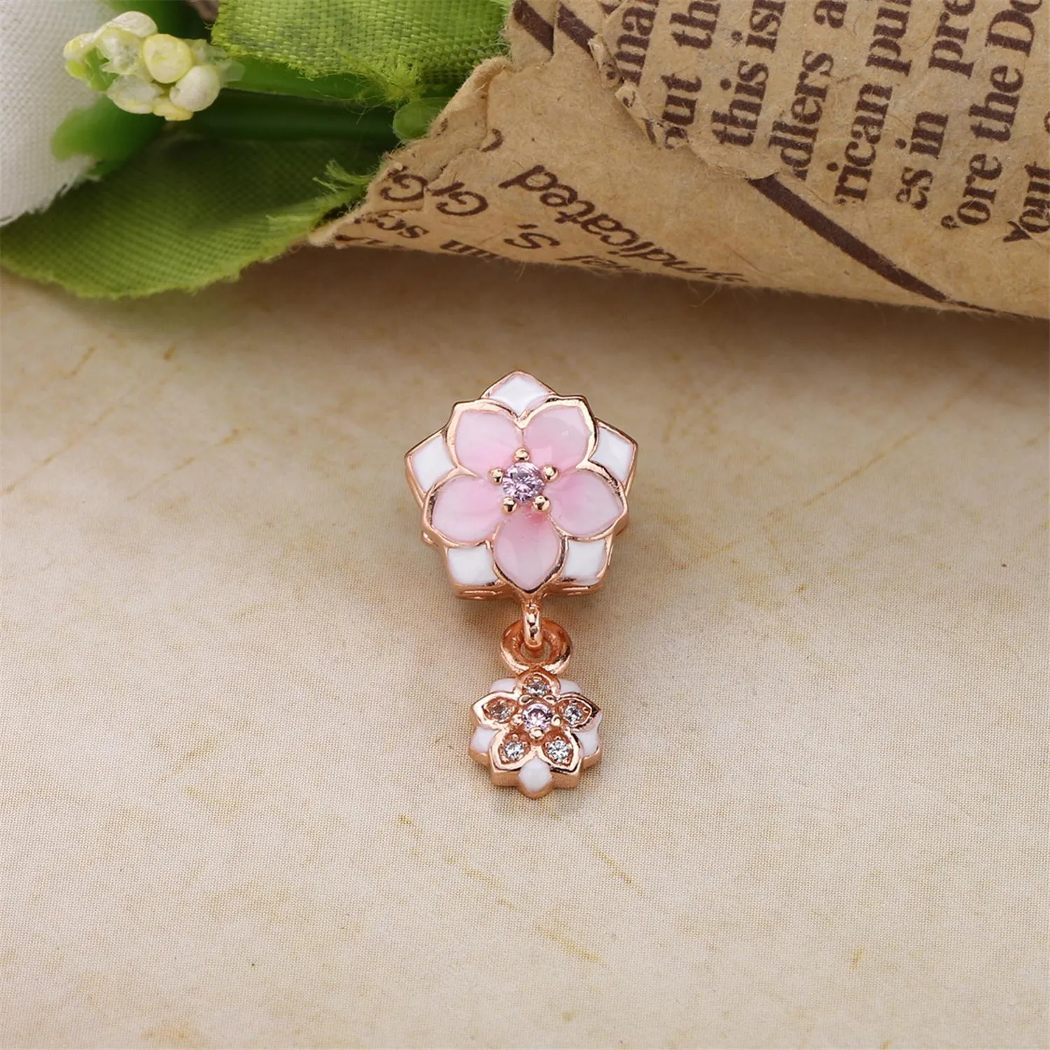 PANDORA Rose Gold Magnolia Bloom Pale Cerise Enamel Pink Clear CZ Da Dangle - 792077PCZA