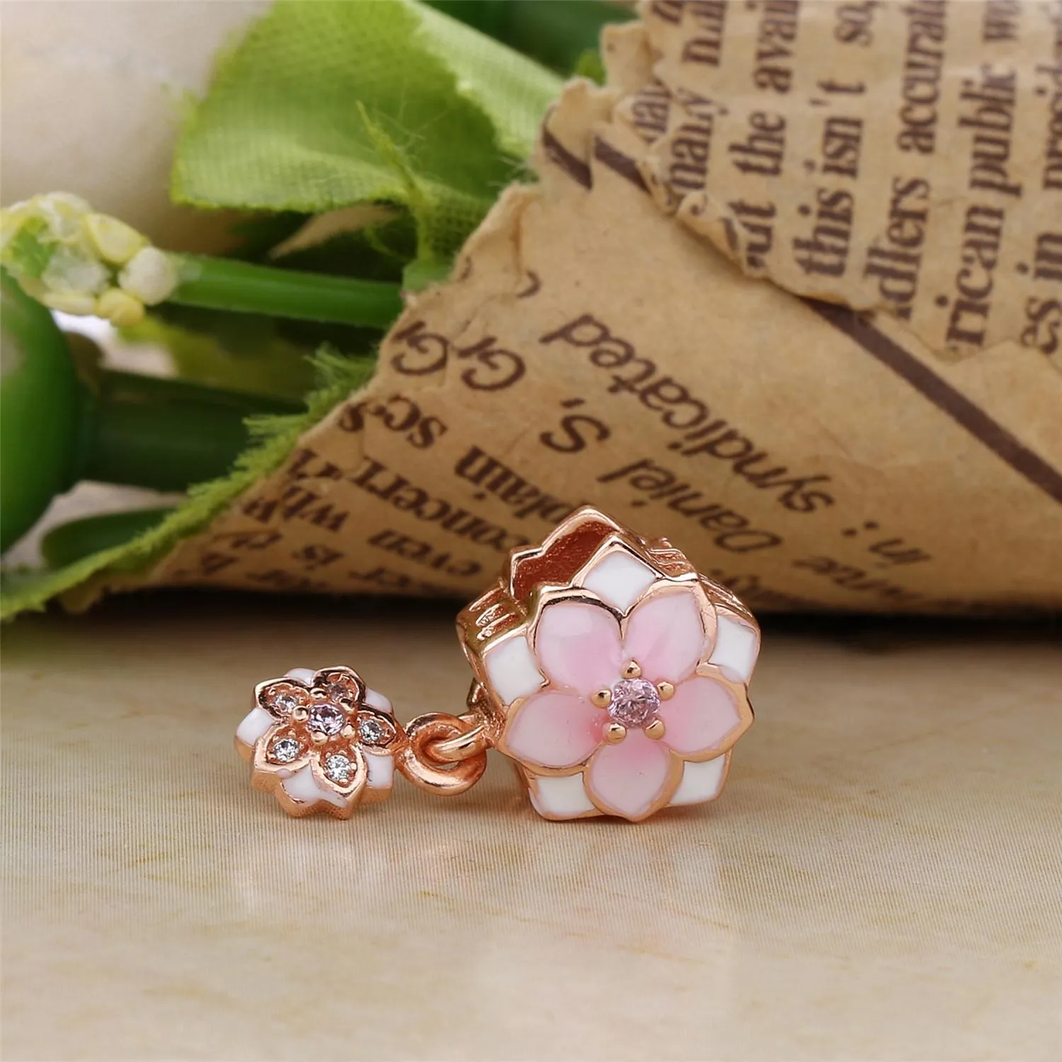 PANDORA Rose Gold Magnolia Bloom Pale Cerise Enamel Pink Clear CZ Da Dangle - 792077PCZA