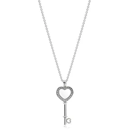 PANDORA Floating Locket Heart Key Pendant Necklace, Sapphire Crystal Clear CZ - 396581CZ