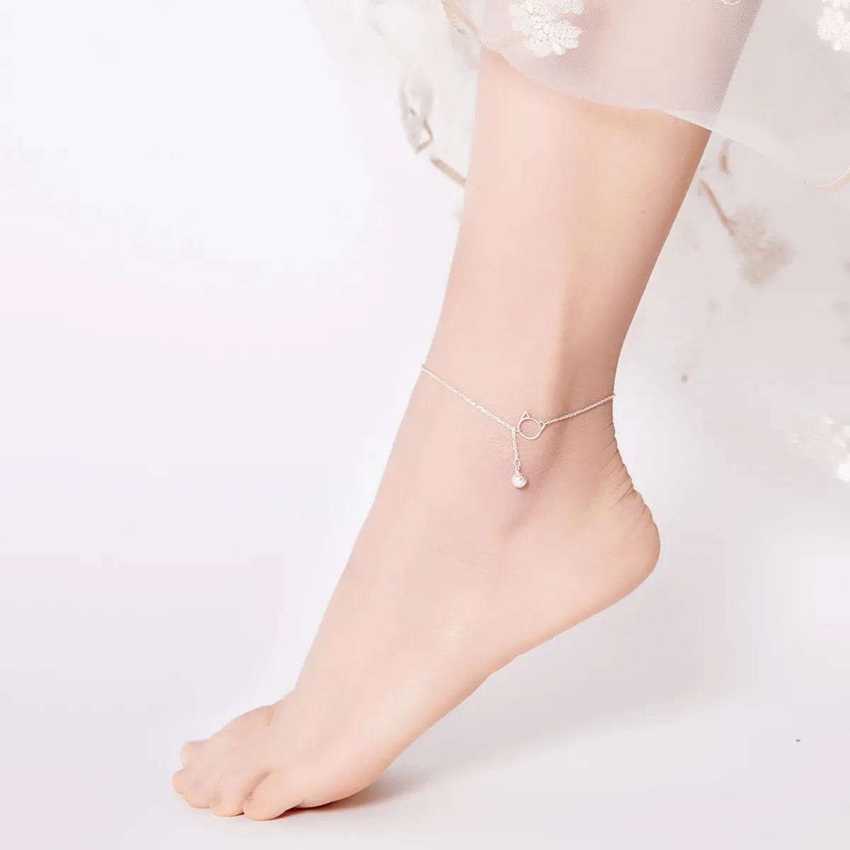 Pandora Style Silver Cute Kitten & Bell Anklet - SCT003