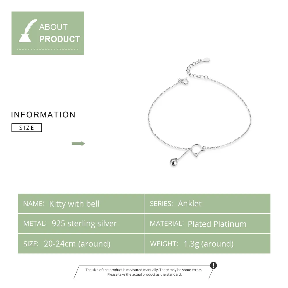 Pandora Style Silver Cute Kitten & Bell Anklet - SCT003