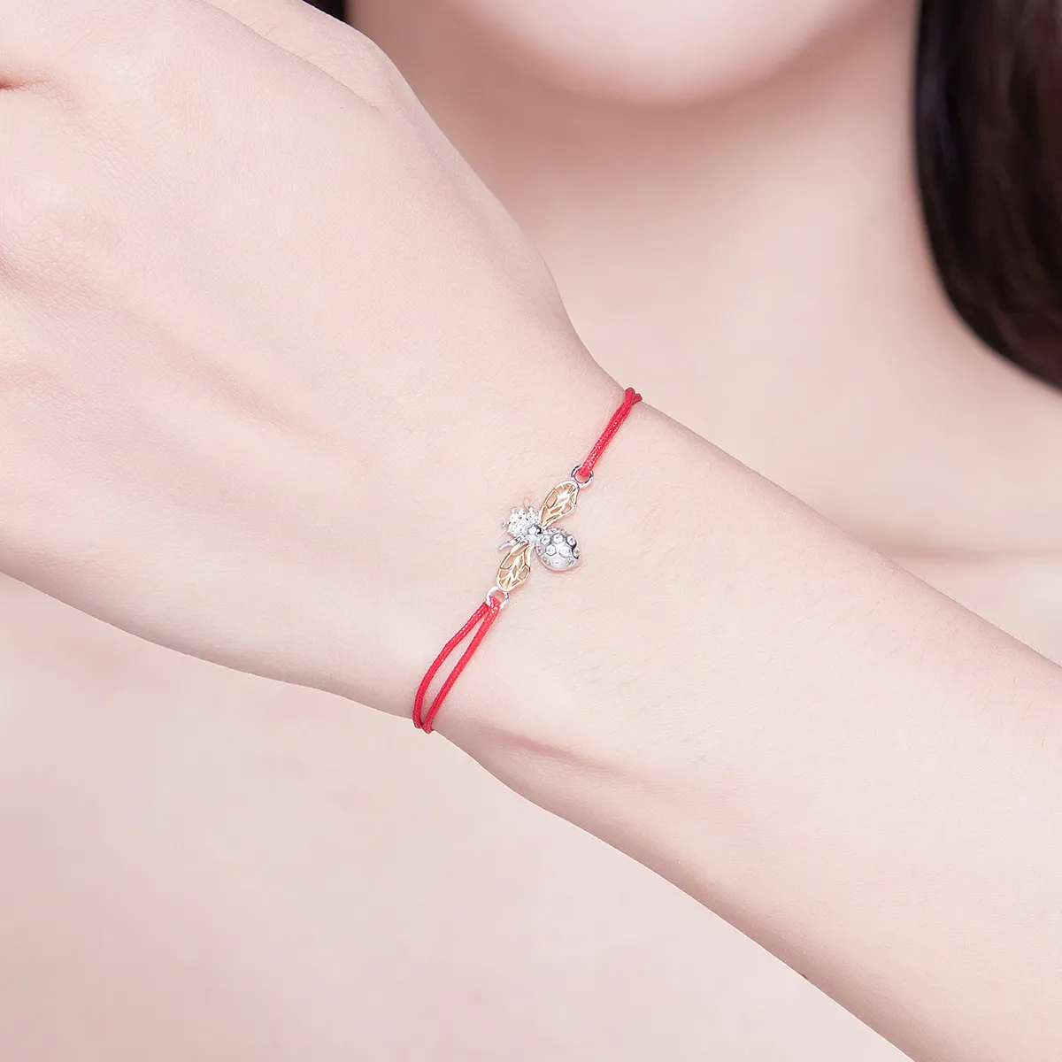 Pandora Style Red Rope with Silver & Gold-Plated Bee Bracelet - SCB156