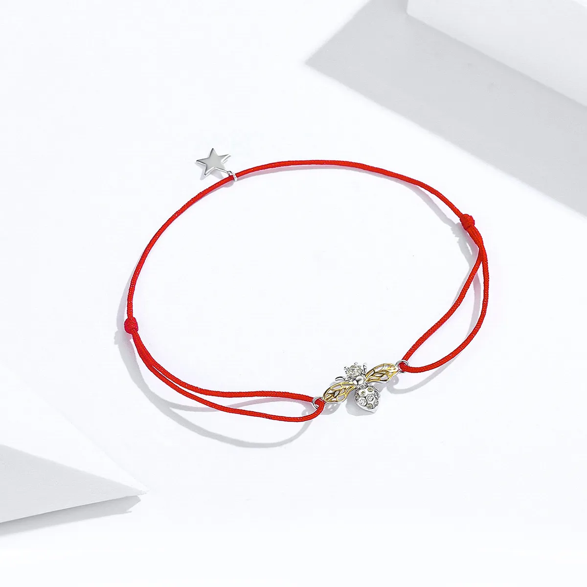 Pandora Style Red Rope with Silver & Gold-Plated Bee Bracelet - SCB156