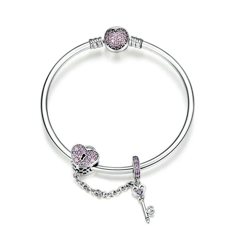 pandora style silver pink key and pave heart lock bangle scb820