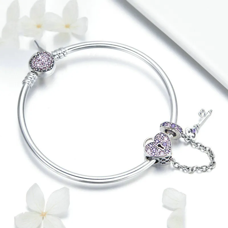 Pandora Style Silver Pink Key and Pave Heart Lock Bangle - SCB820