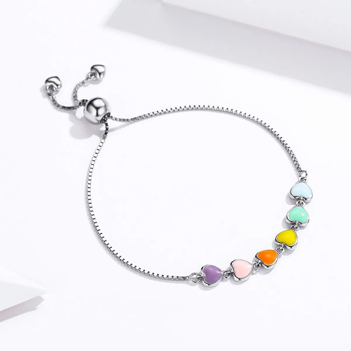 Pandora Style Silver Rainbow Hearts Chain Slider Bracelet - SCB158