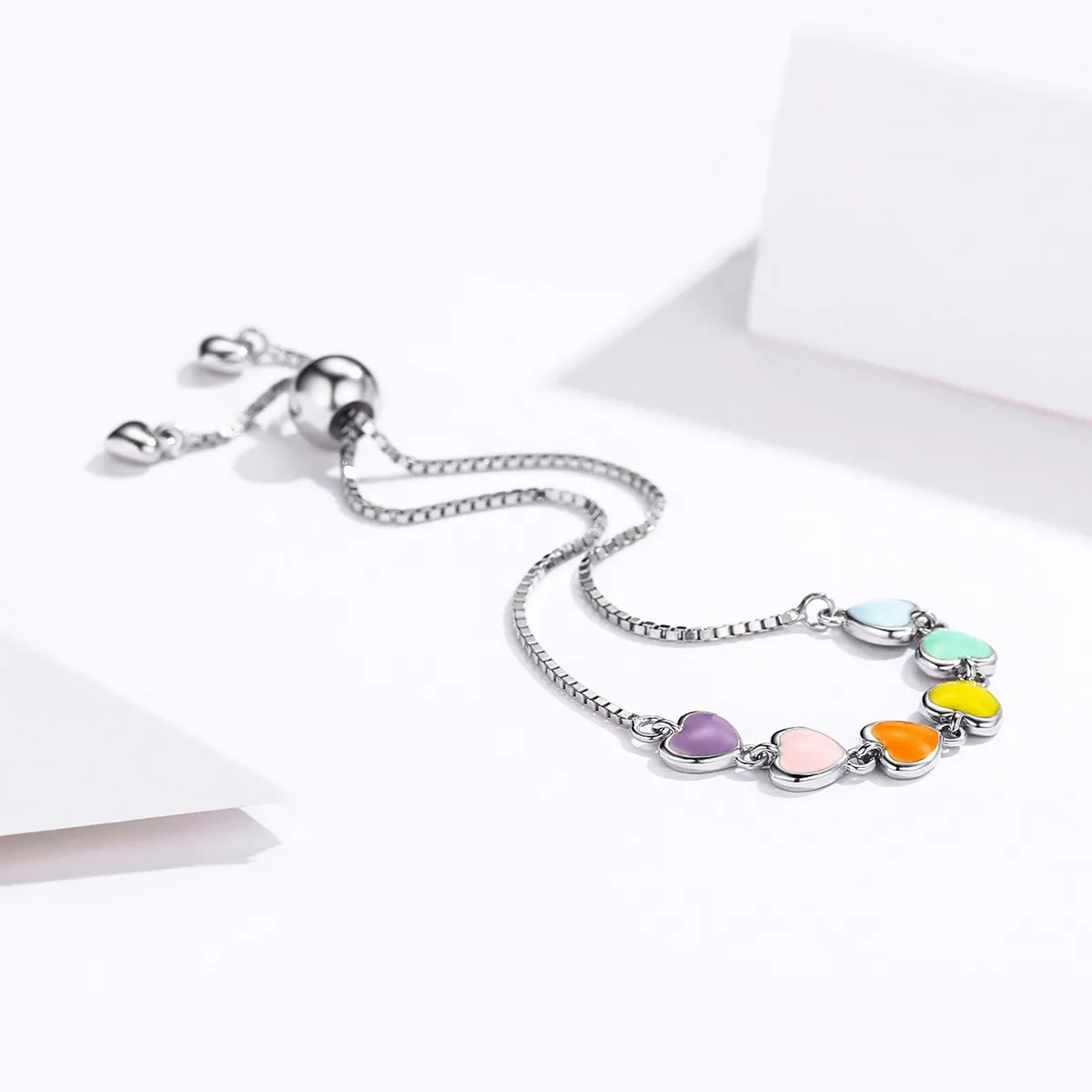 Pandora Style Silver Rainbow Hearts Chain Slider Bracelet - SCB158