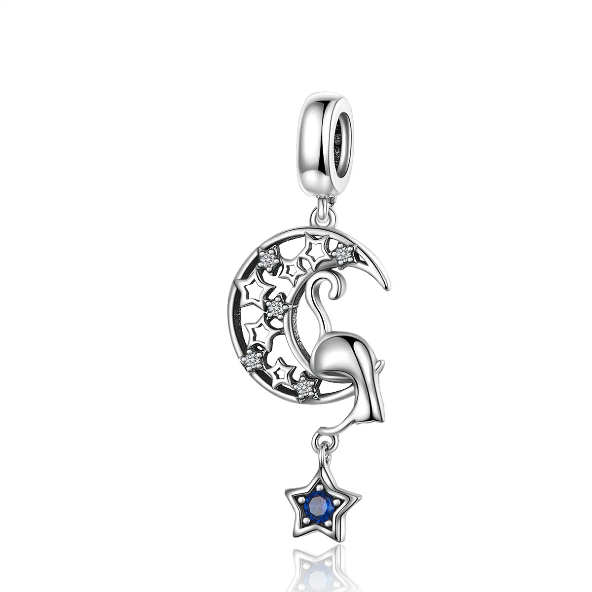 pandora style silver cat play with stars dangle charm scc1205