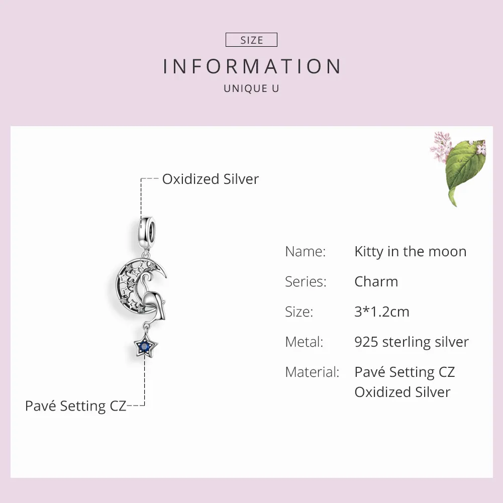 Pandora Style Silver Cat Play with Stars Dangle Charm - SCC1205