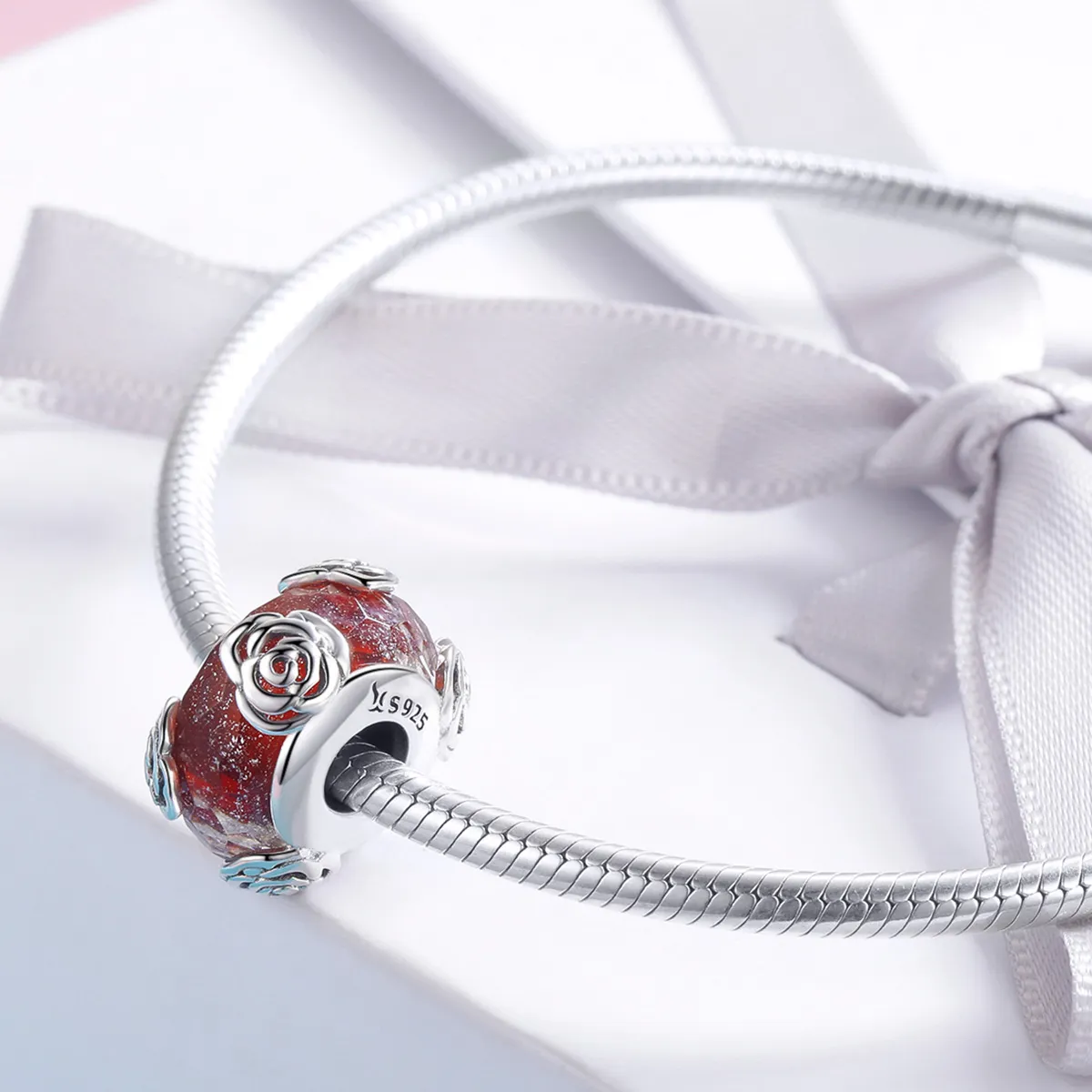 Pandora Style Silver Fragrant Rose Glass Murano Charm - SCC1030