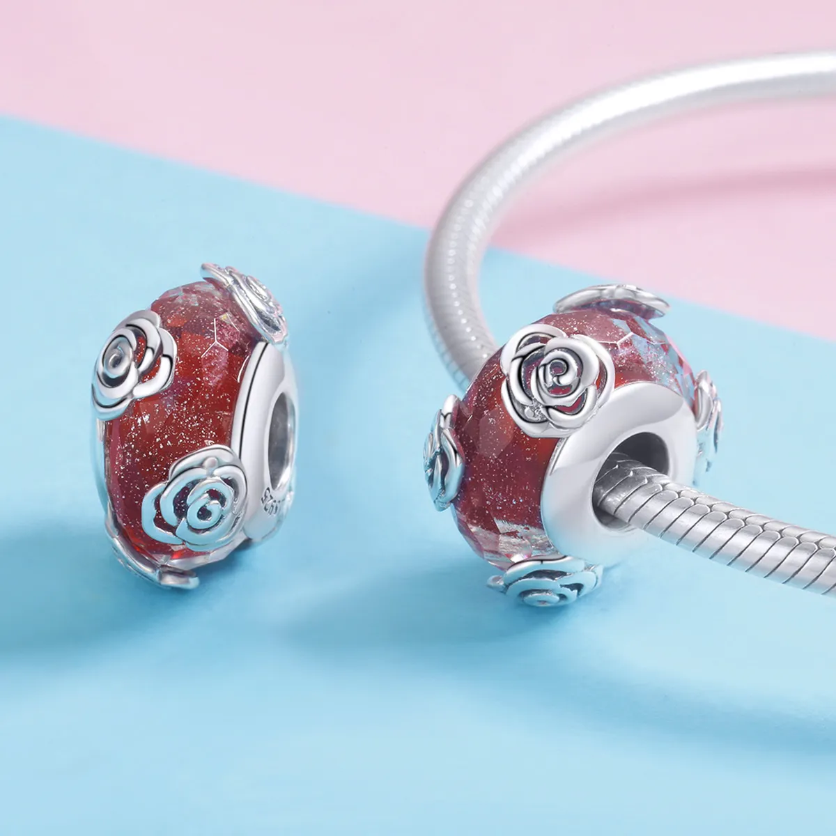 Pandora Style Silver Fragrant Rose Glass Murano Charm - SCC1030