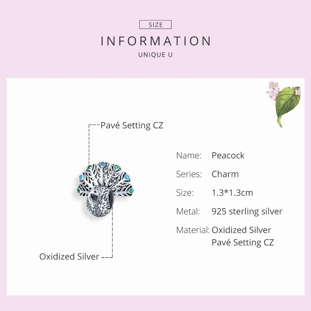 Pandora Style Silver Peacock Charm - SCC1260