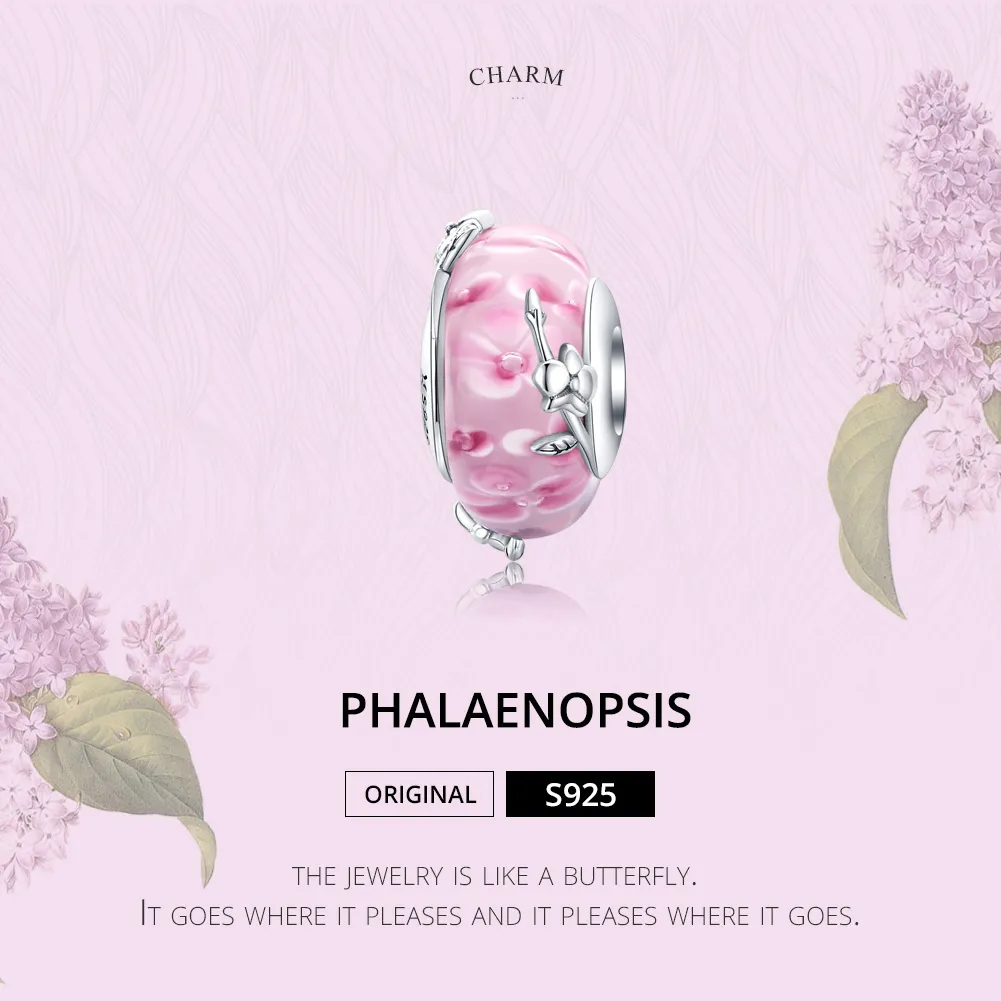 Pandora Style Silver Phalaenopsis Murano Glass Charm - SCC1281