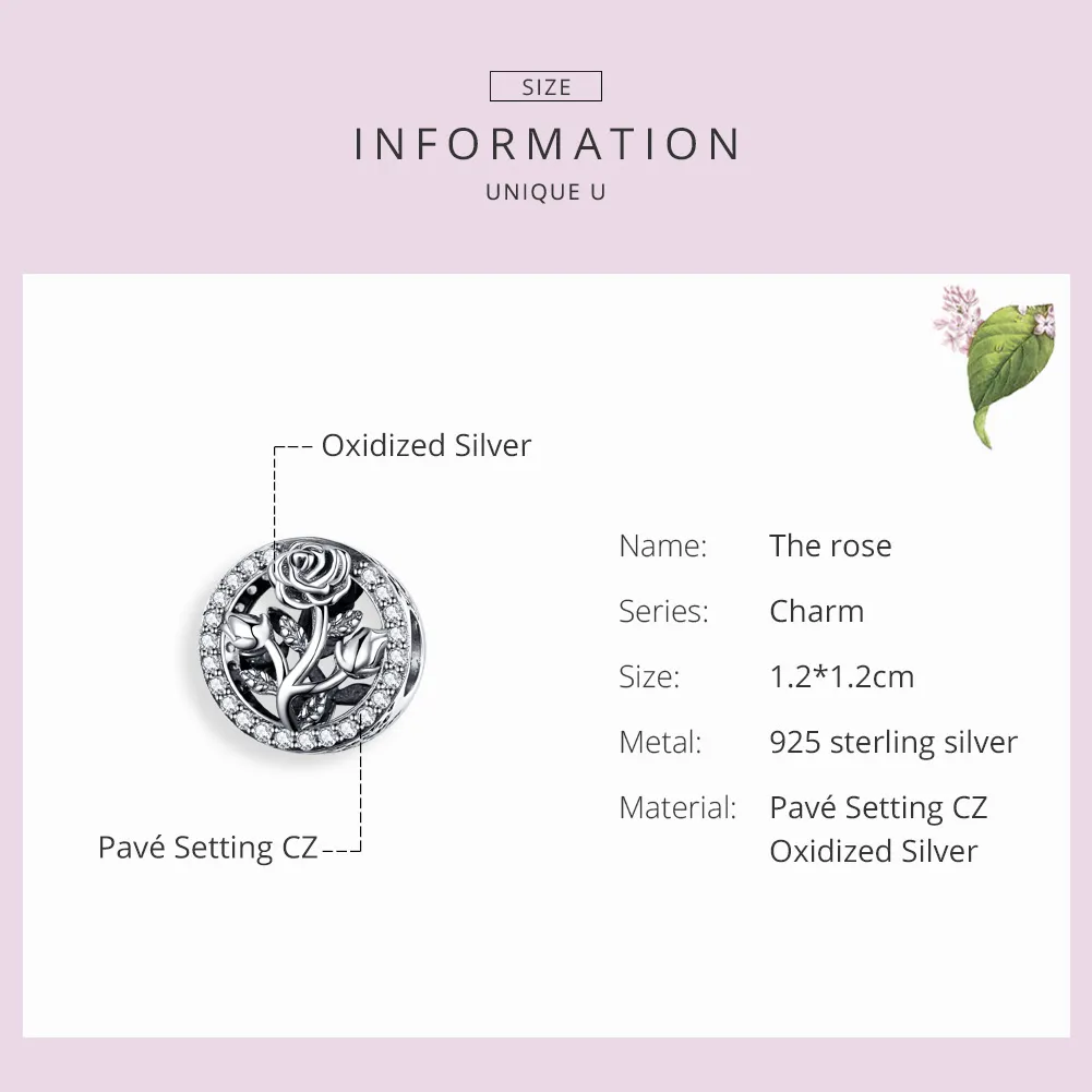 Pandora Style Silver Rose Flower Charm - SCC1189