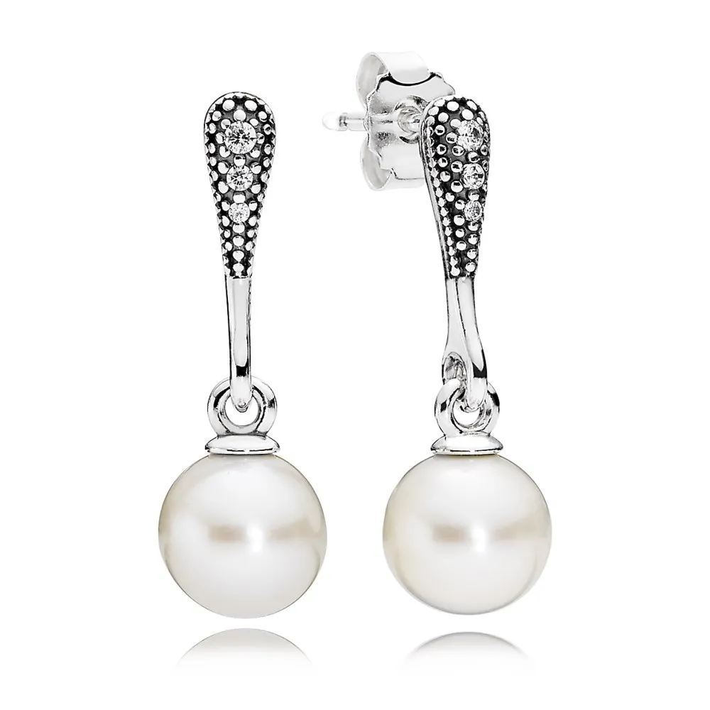 PANDORA Elegant Beauty, White Pearl Clear CZ Earrings - 290733P