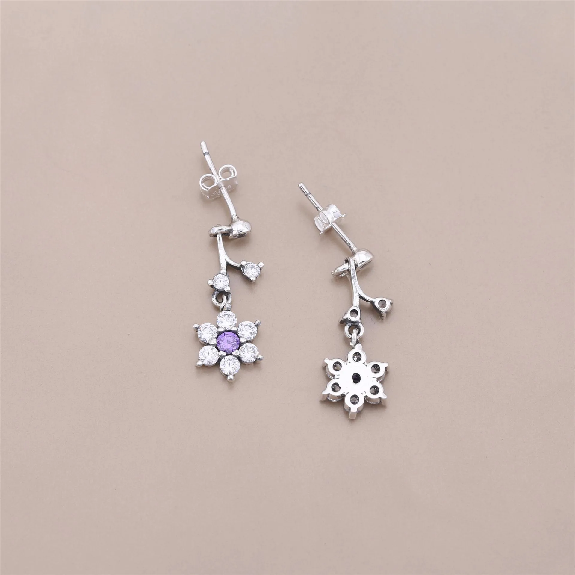 PANDORA Forget Me Not with Clear and Purple CZ Dangle Earrings - 290691ACZ