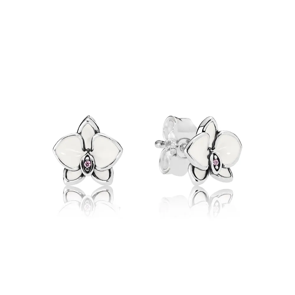 pandora orchids white enamel clear cz stud earrings 290749en12