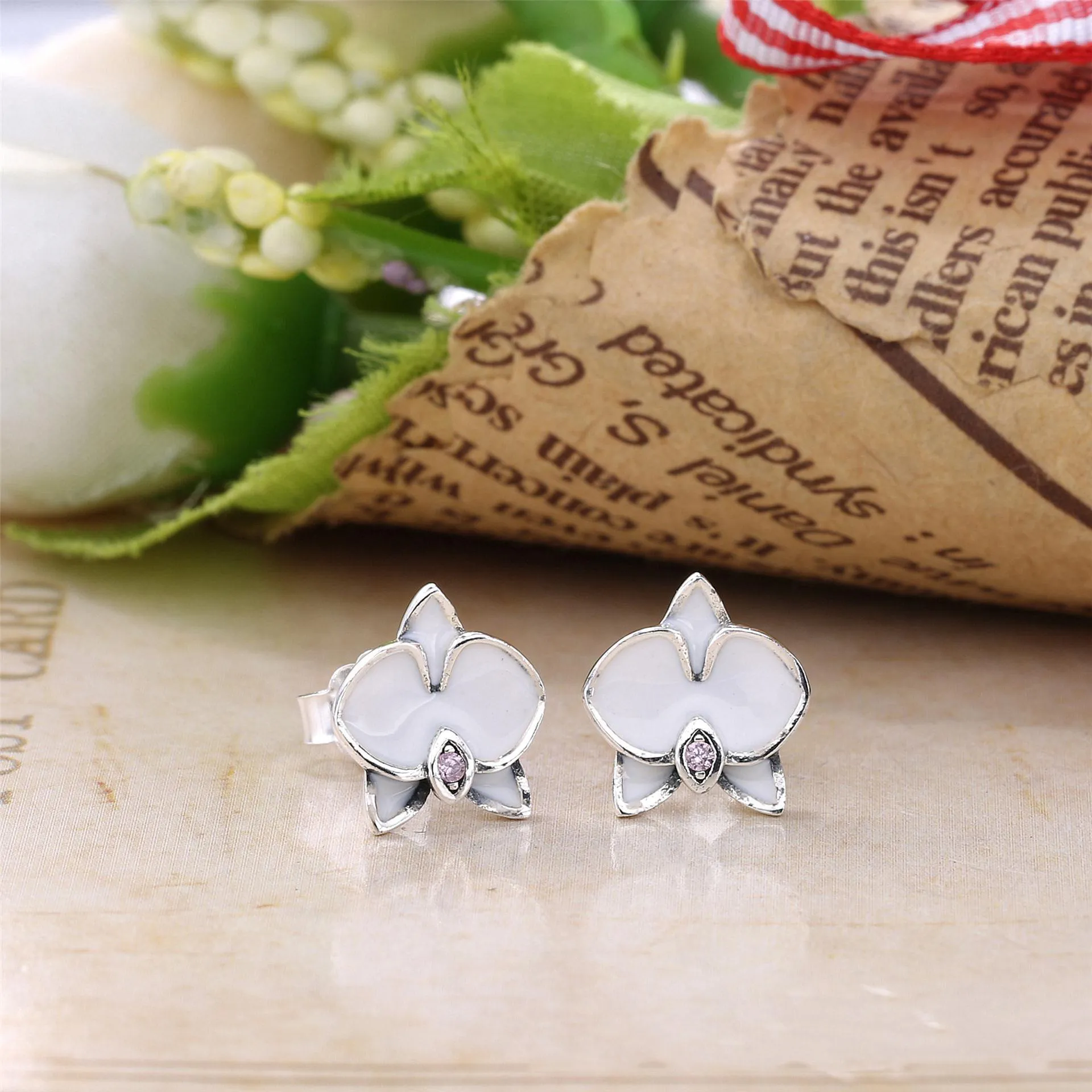 PANDORA Orchids, White Enamel Clear CZ Stud Earrings - 290749EN12