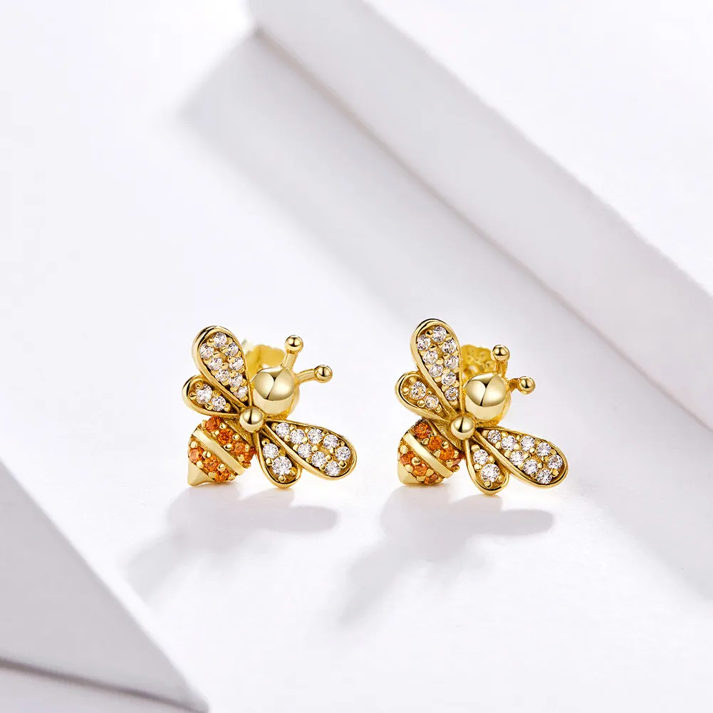 Pandora Style Gold-Plated Reiki Bee Stud Earrings - SCE344-B