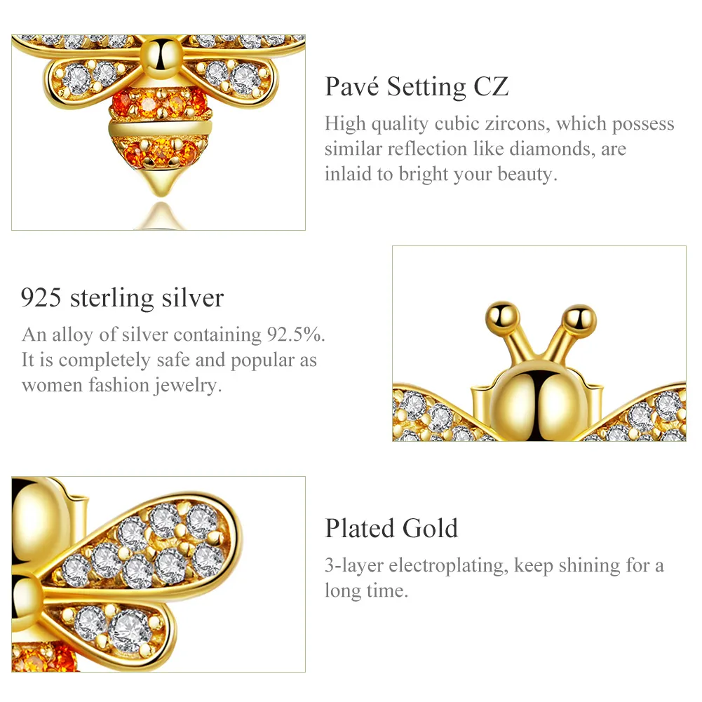 Pandora Style Gold-Plated Reiki Bee Stud Earrings - SCE344-B