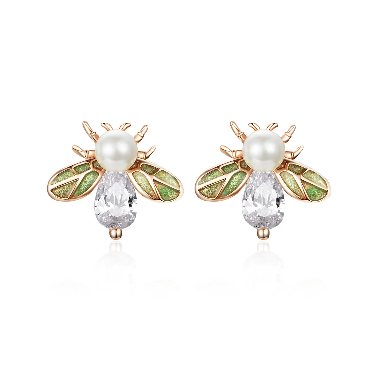 Pandora Style Rose Gold Bee Form with Pearl Stud Earrings - SCE643