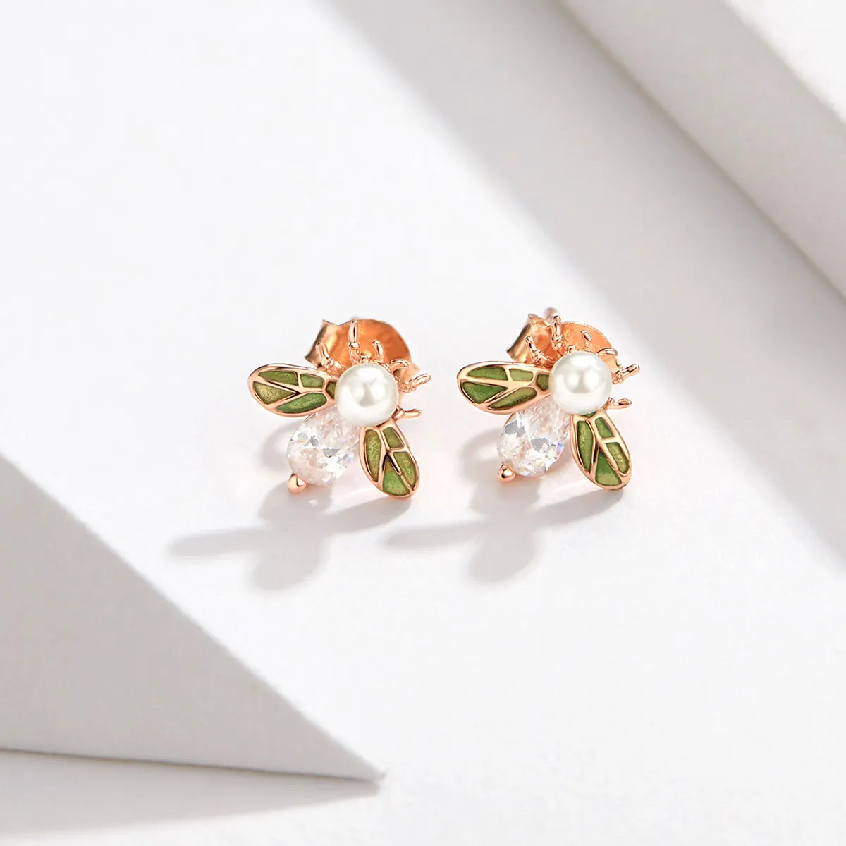 Pandora Style Rose Gold Bee Form with Pearl Stud Earrings - SCE643