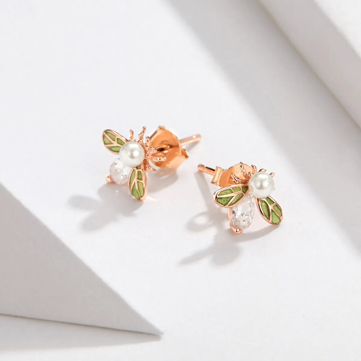 Pandora Style Rose Gold Bee Form with Pearl Stud Earrings - SCE643