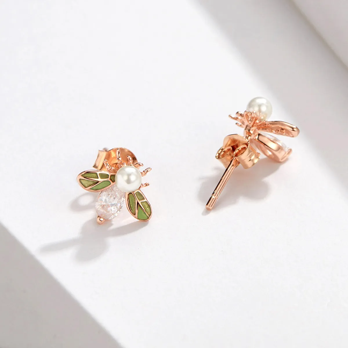 Pandora Style Rose Gold Bee Form with Pearl Stud Earrings - SCE643