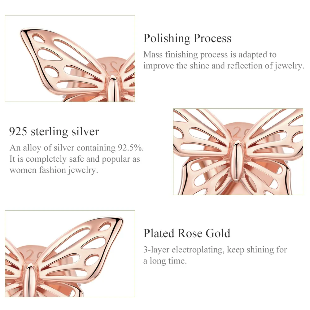 Pandora Style Rose Gold Butterfly Stud Earrings - SCE452-C