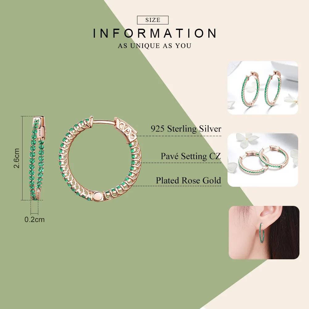 Pandora Style Rose Gold Green CZ Hoop Earrings - SCE511