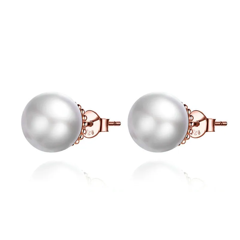 Pandora Style Rose Gold Pearl Stud Earrings - SCE609