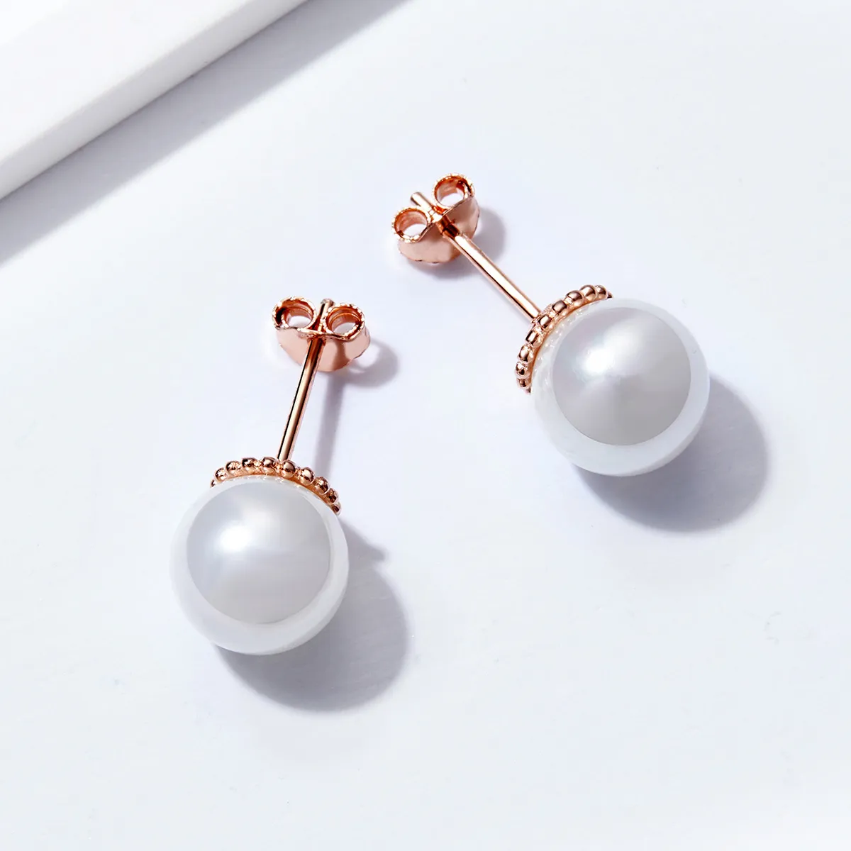 Pandora Style Rose Gold Pearl Stud Earrings - SCE609