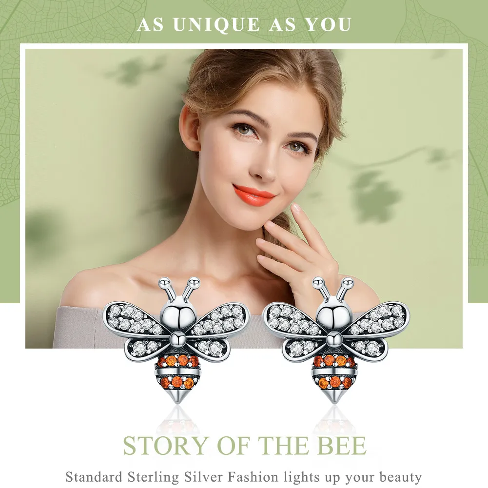 Pandora Style Silver Bee Story Stud Earrings - SCE344