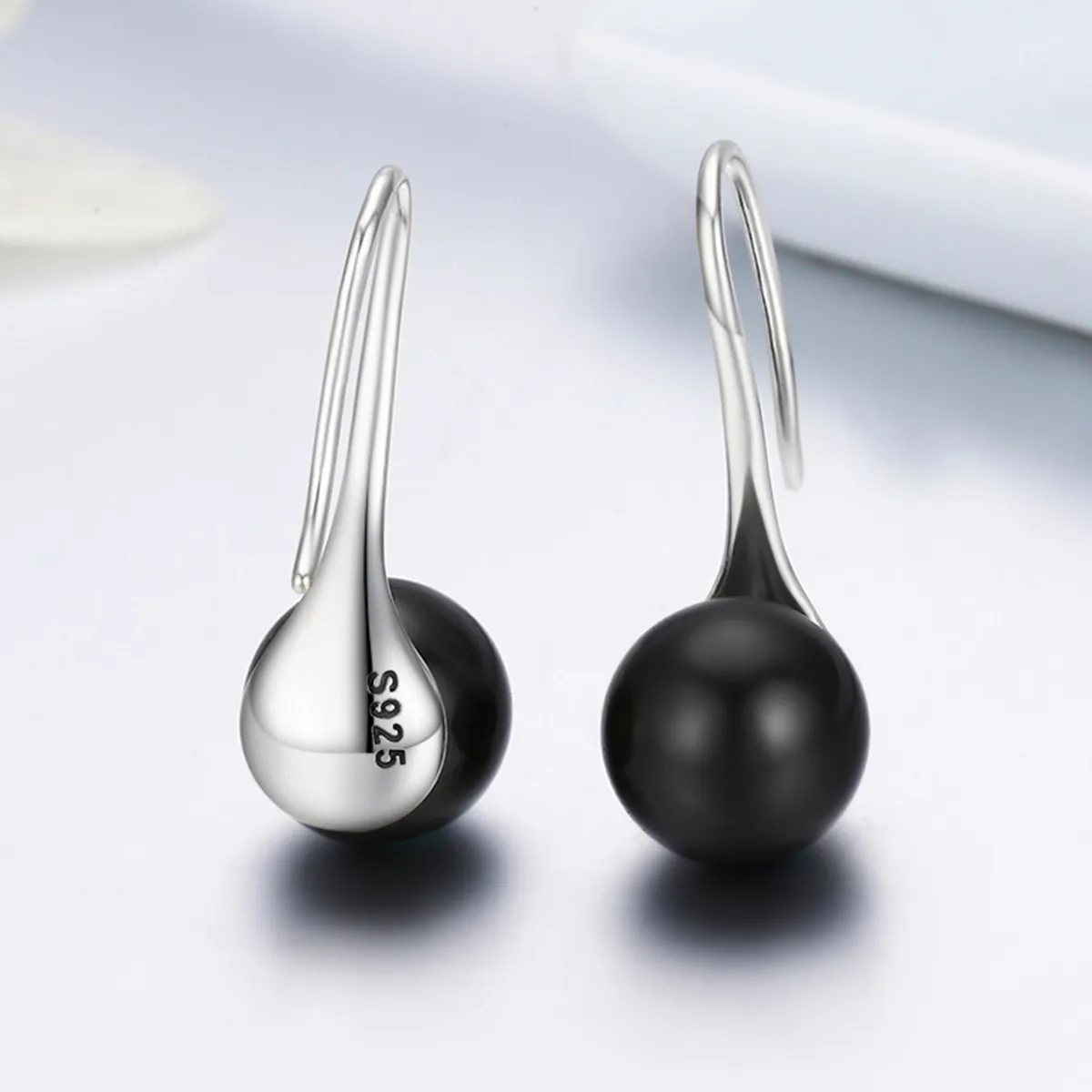 Pandora Style Silver Black Pearl Hanging Earrings - SCE144