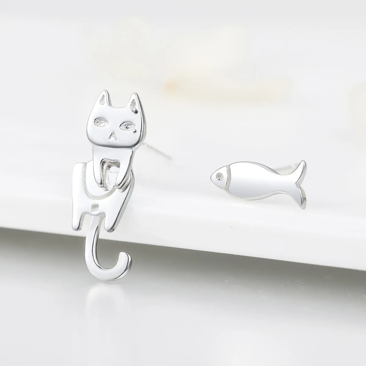 Pandora Style Silver Cat and Fish Stud Earrings - SCE488