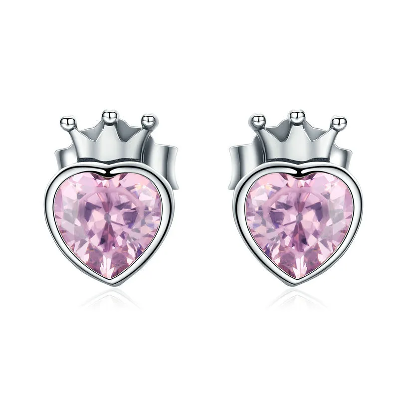 Pandora Style Silver Crowning Heart Stud Earrings - SCE174