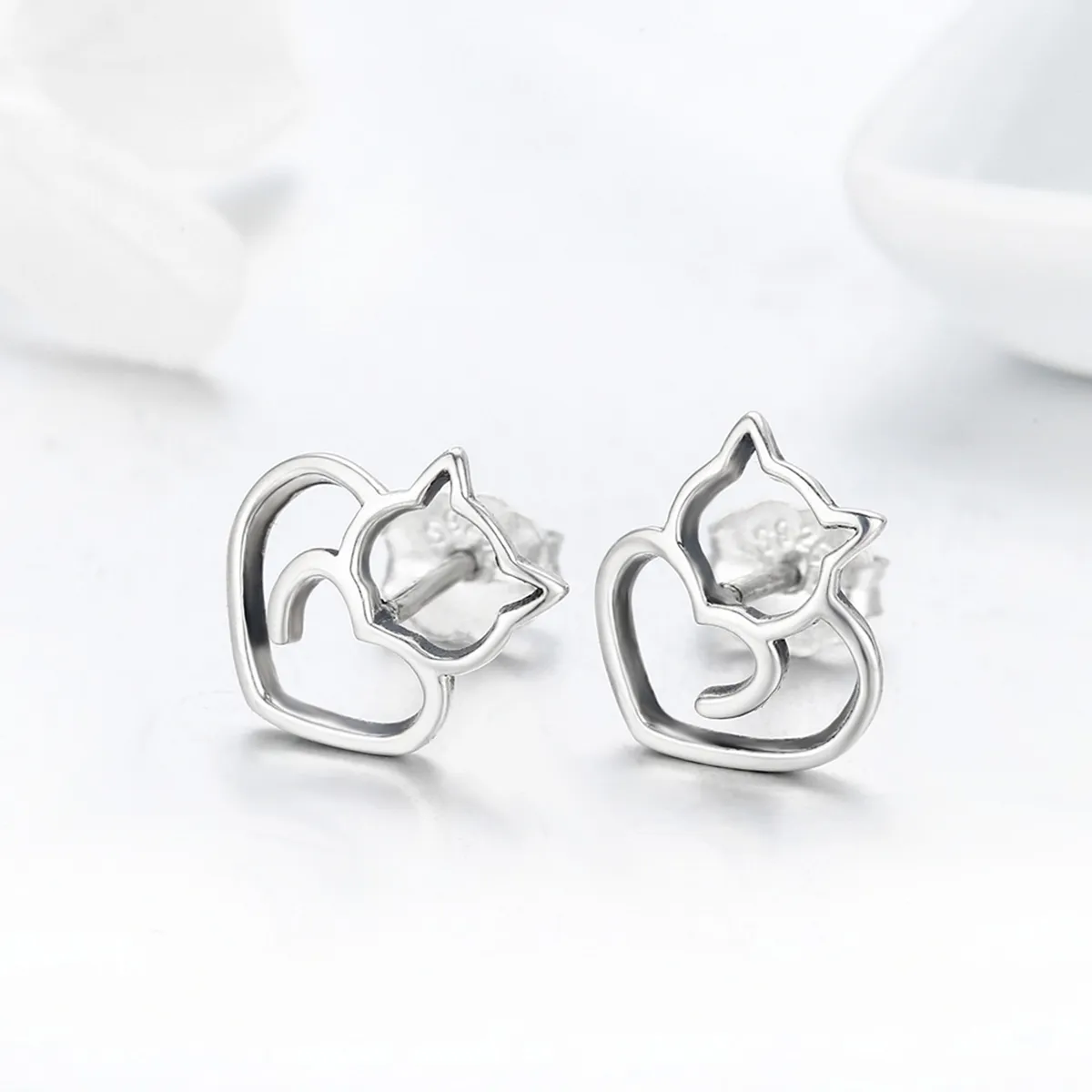 Pandora Style Silver Cute Cat Stud Earrings - SCE271