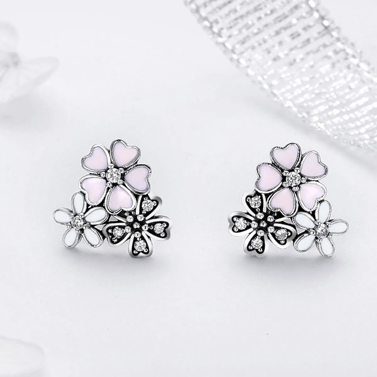 Pandora Style Silver Daisies and Cherry Blossoms Stud Earrings - SCE400